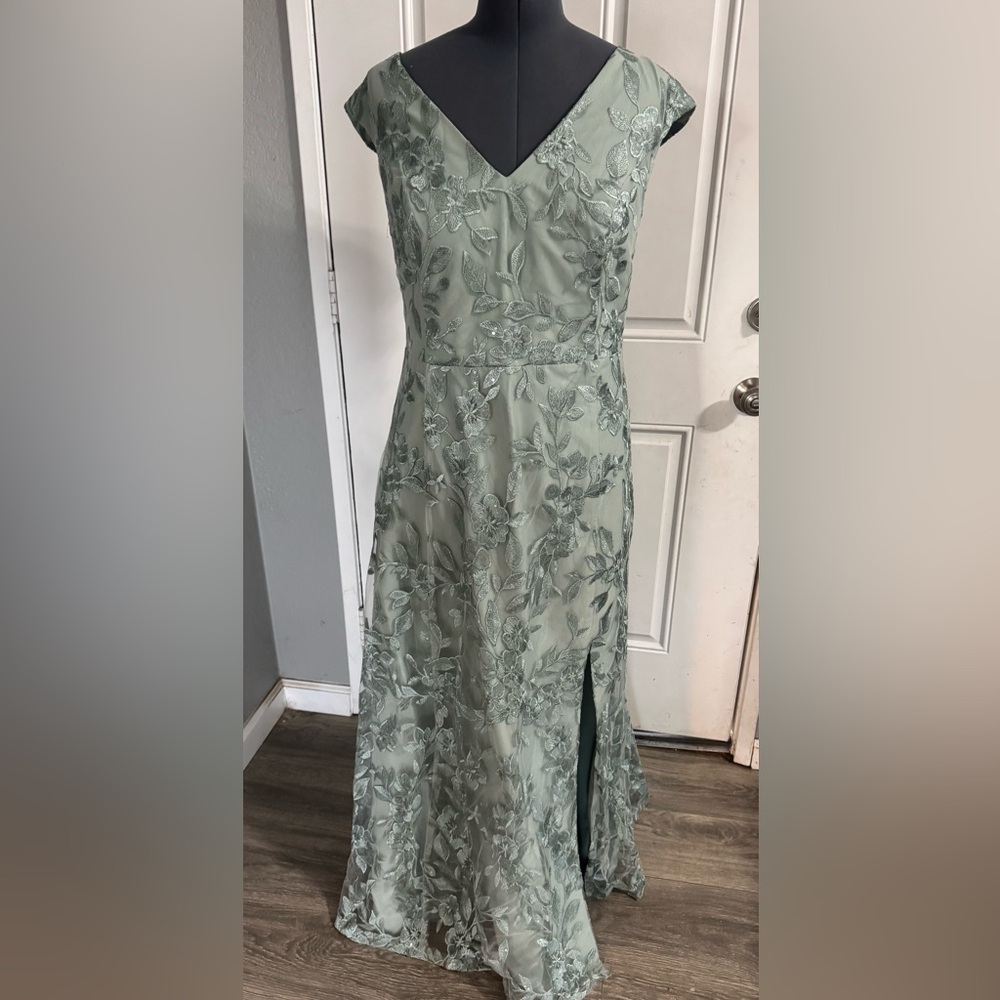 Oleg Cassini Sage Green Embroidered V-Neck Evening Gown